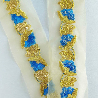 Gold Sheer Trim In Gold And Blue / Green Floral Embroidery And Gold Sequins Embellishment, Approx. 45mm Wide - 210119L135 / 36